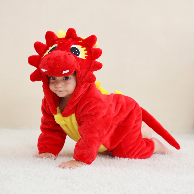 Toddler Animal Cosplay Jumpsuit for Boys Girls - Red, 6-12 Months, Cute Flannel Romper