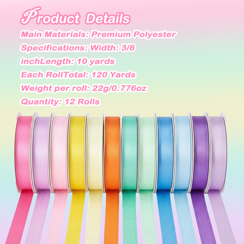 3/8 Inch x 10 Yards Satin Ribbon Set - Pastel Assortment for Crafts & Gift Wrapping