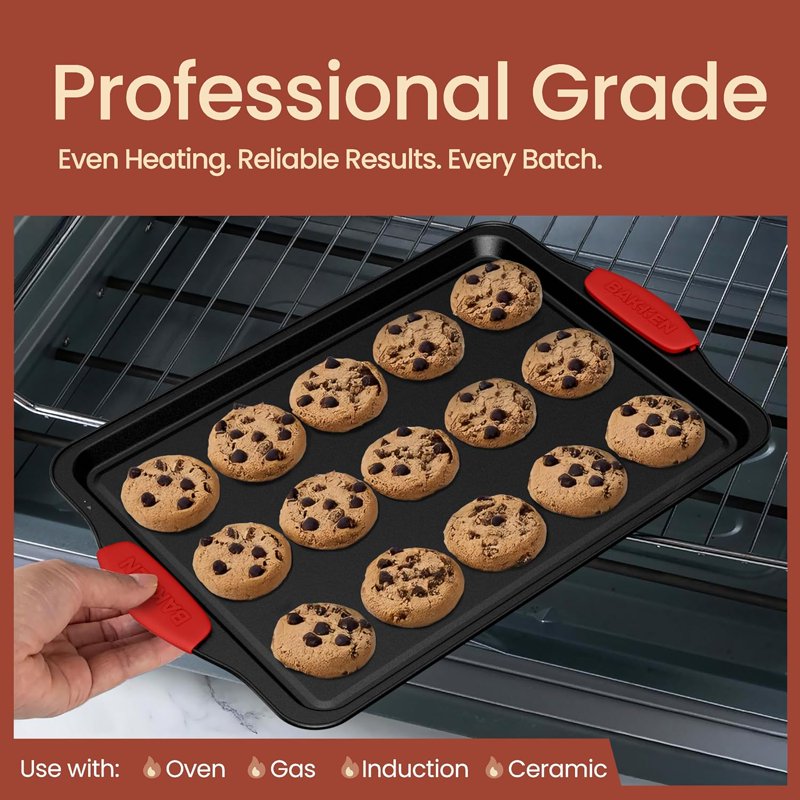 Nonstick Carbon Steel Baking Pan Set with Silicone Handles - Black