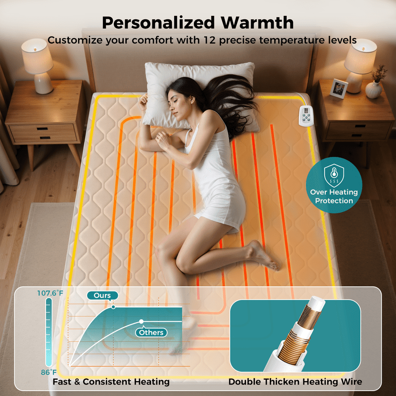 Queen Heated Mattress Pad with 12 Heat Settings - White, 80x60, Machine Washable, Over-Heat Protection