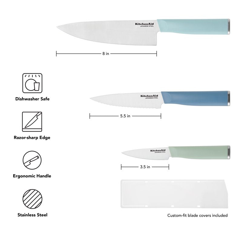 3-Piece Stainless Steel Chef Knife Set - Blue Velvet, Pistachio, Mineral Water