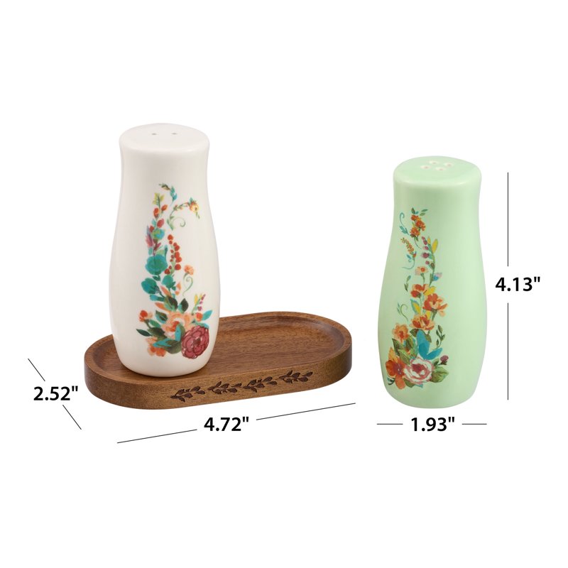 Ceramic Painted Meadow Salt & Pepper Shakers Set with Acacia Wood Tray - 2 Pack