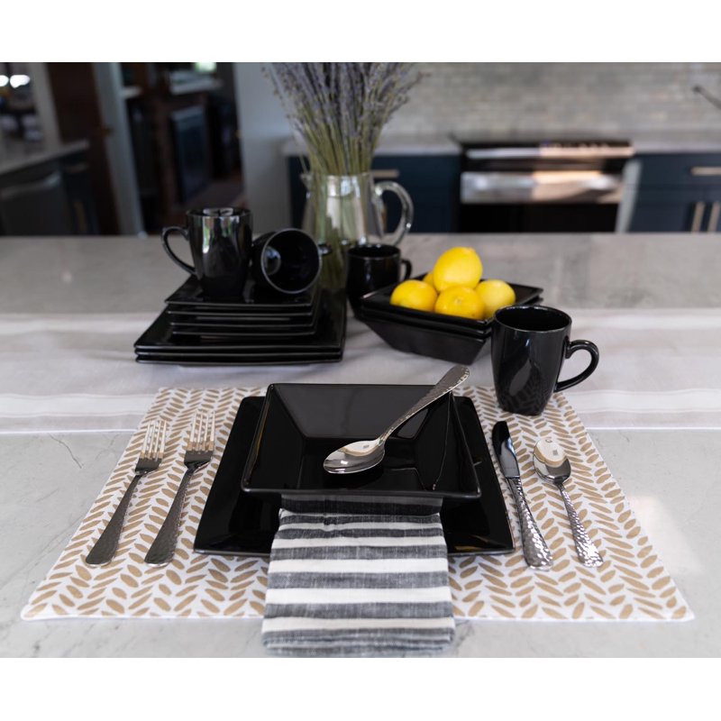 16-Piece Stoneware Dinnerware Set - Black Square Plates & Mugs