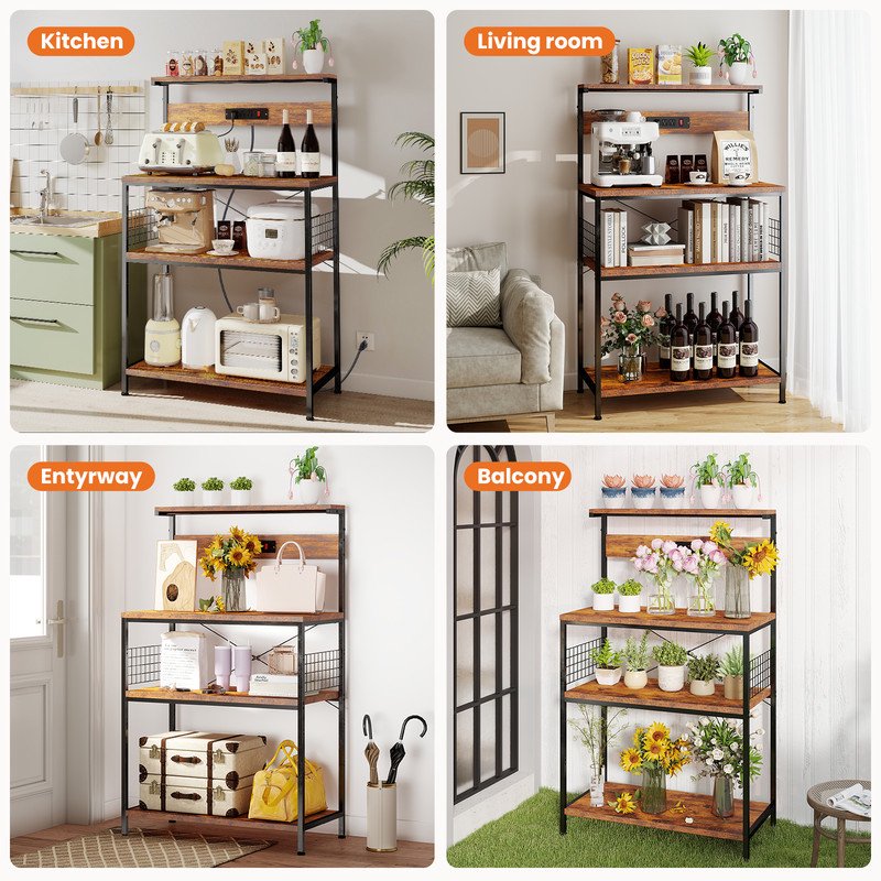 Baker’s Rack with Power Outlet - 4-Tier Microwave Stand, 31.5 Inch, Rustic Brown