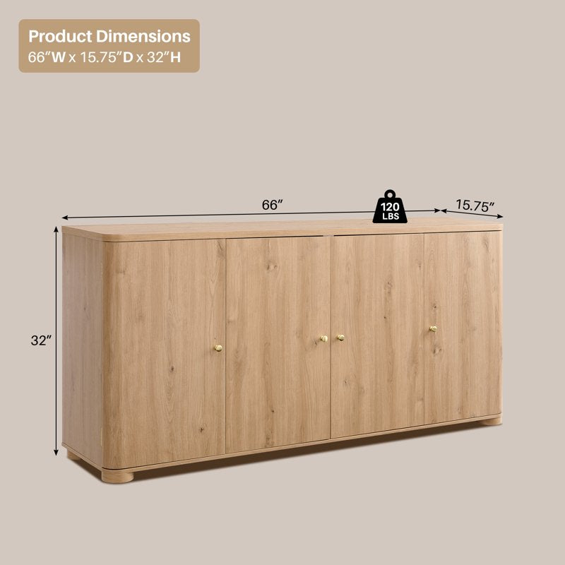 Curved Coffee Bar Storage Cabinet - 66" Natural Sideboard with 4 Doors