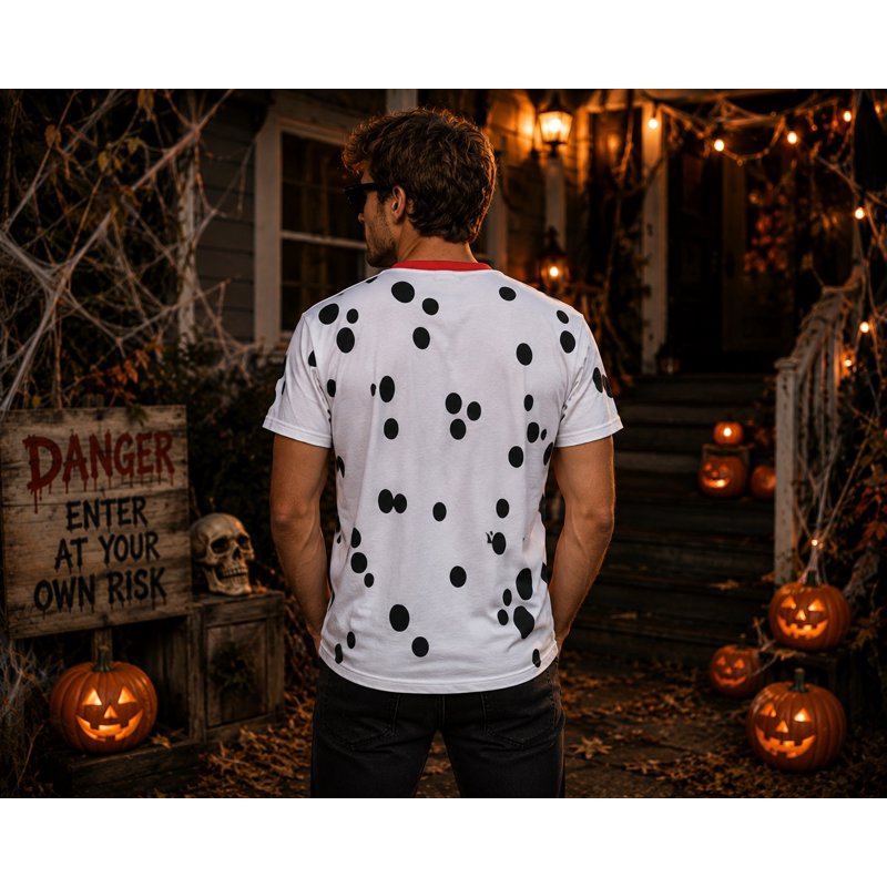 Multicoloured Dalmatian Costume T-Shirt for Men - Red Collar, All Over Print, Size M