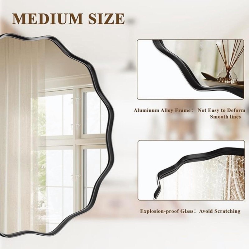 24-Inch Wavy Round Bathroom Mirror Wall Mounted Vanity Mirror Black - AUROMIR
