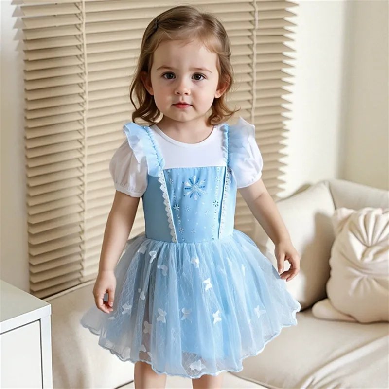 Baby Girl Princess Dress Up Clothes Romper & Headband Set - Blue White Stitching, 18-24 Months