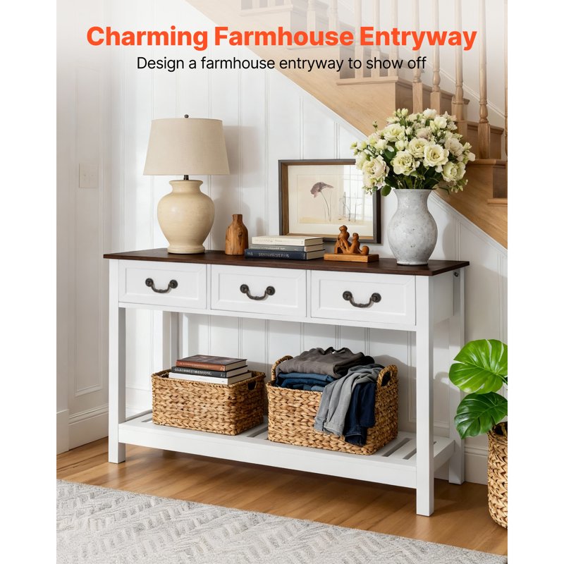 Rustic 47-Inch Console Table with Drawers & Shelf - Brown/White