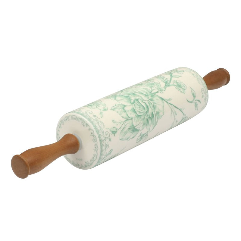Ceramic Rolling Pin with Wood Handles - Green Floral Design