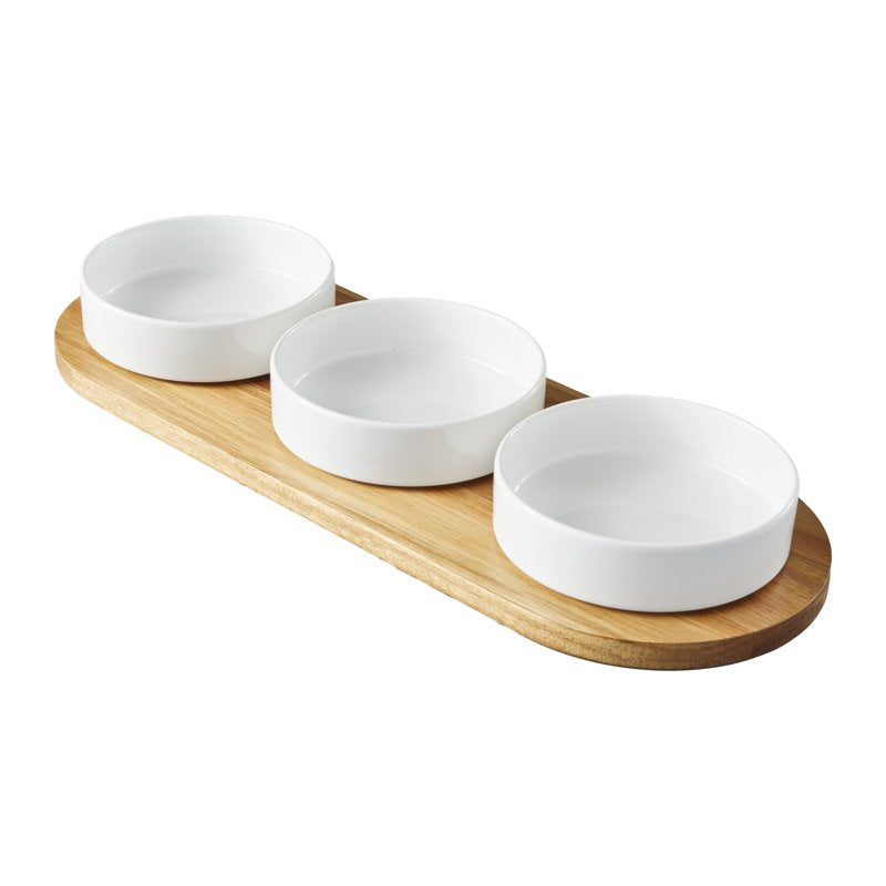 Acacia Wood Tray with Stoneware Bowls - 4 Pack for Condiments