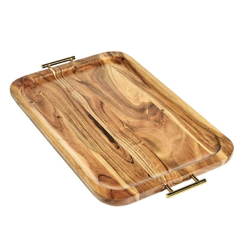 Acacia Wood Serving Tray with Gold Handles - 4 Pack