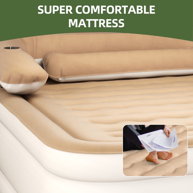 Queen Inflatable Air Bed with Headboard, Pump & Pillow - Brown, Portable