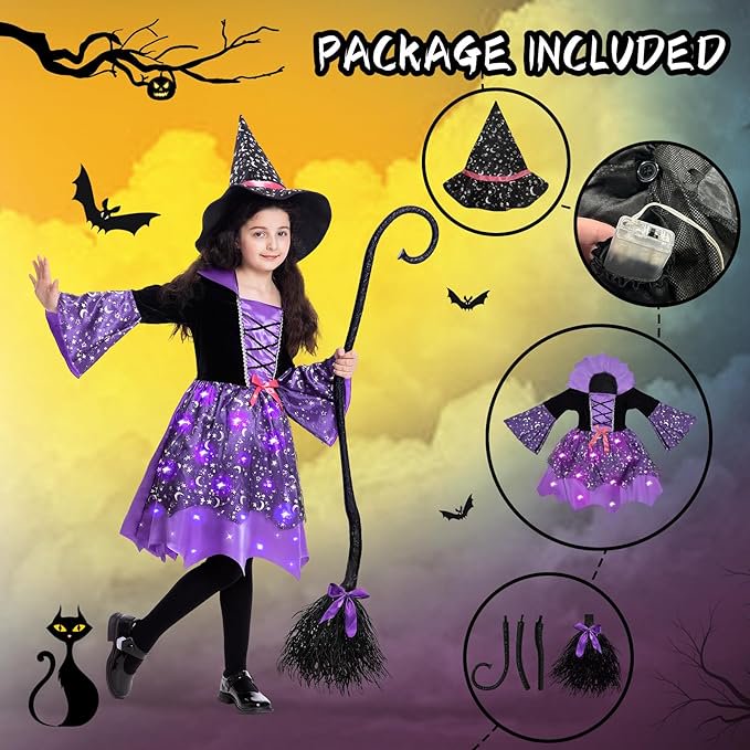 Girls Light-Up Witch Costume Set 3-4T LED Dress Hat Broom Halloween