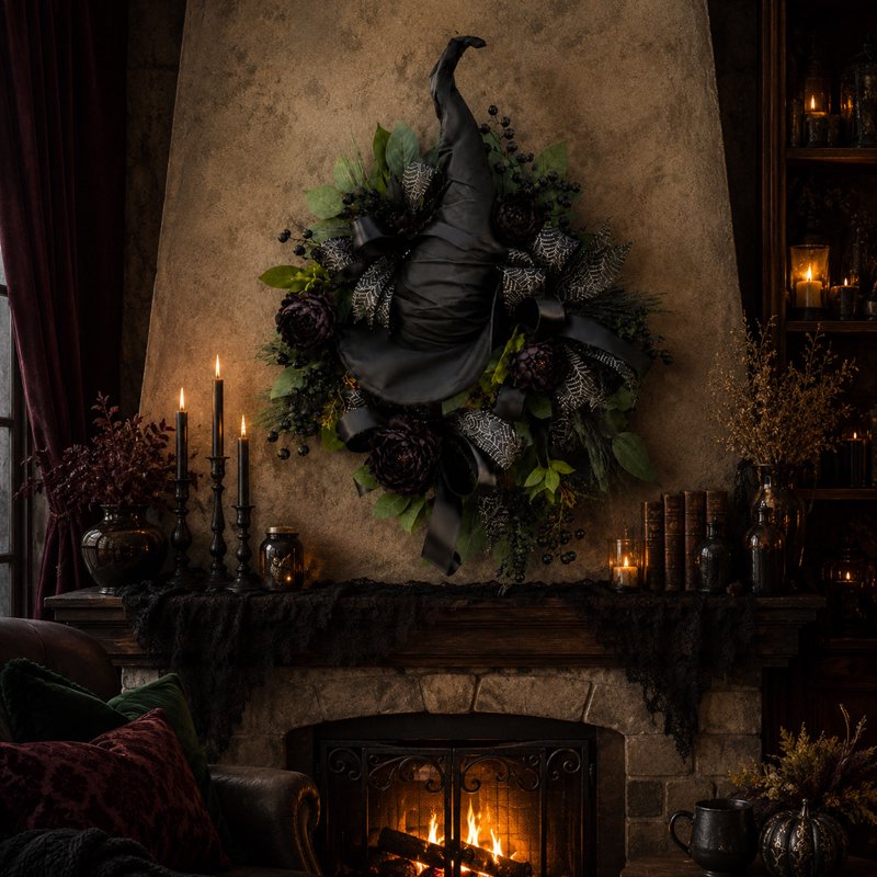 Gothic Black Rose Witch Hat Halloween Wreath Front Door Decor