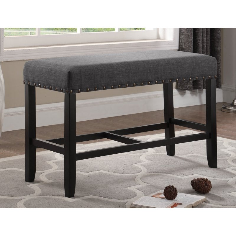 Gray Fabric Counter Height Dining Bench with Nailhead Trim