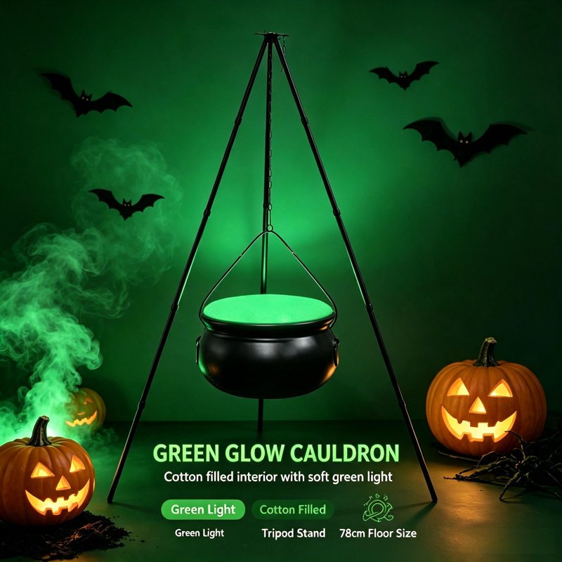 Halloween Outdoor Witch Cauldron with Tripod & Timer Lights - Black 51.1"