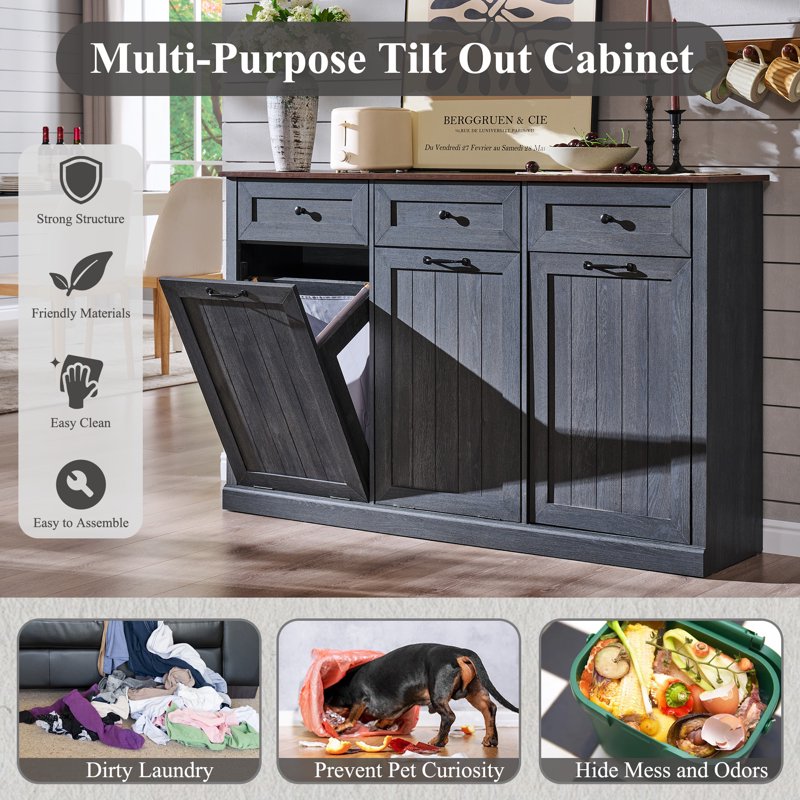 Triple Tilt Out Trash Can Cabinet - 20 Gallon Farmhouse Style - Grey
