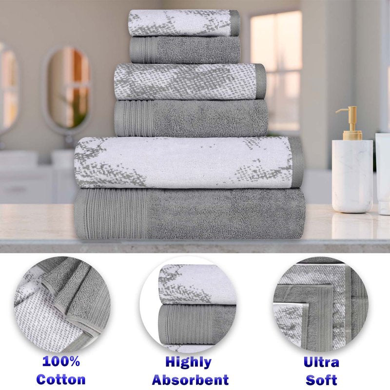 Gray Bath Towel Set - 4 Premium Cotton Jacquard Border Towels - Superior