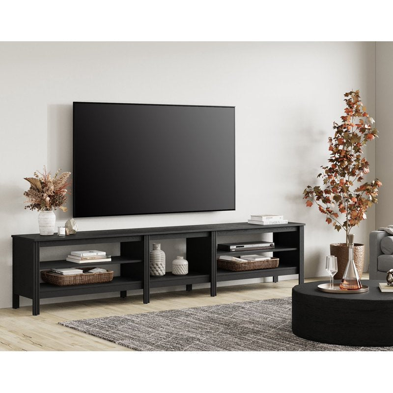 Black Wood TV Stand for 90 Inch TVs - Entertainment Center with Open Shelves