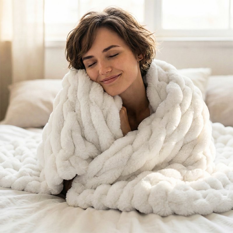 White Faux Fur Throw Blanket 50x60 Inch Rouched Design Luxury Cozy Home Decor