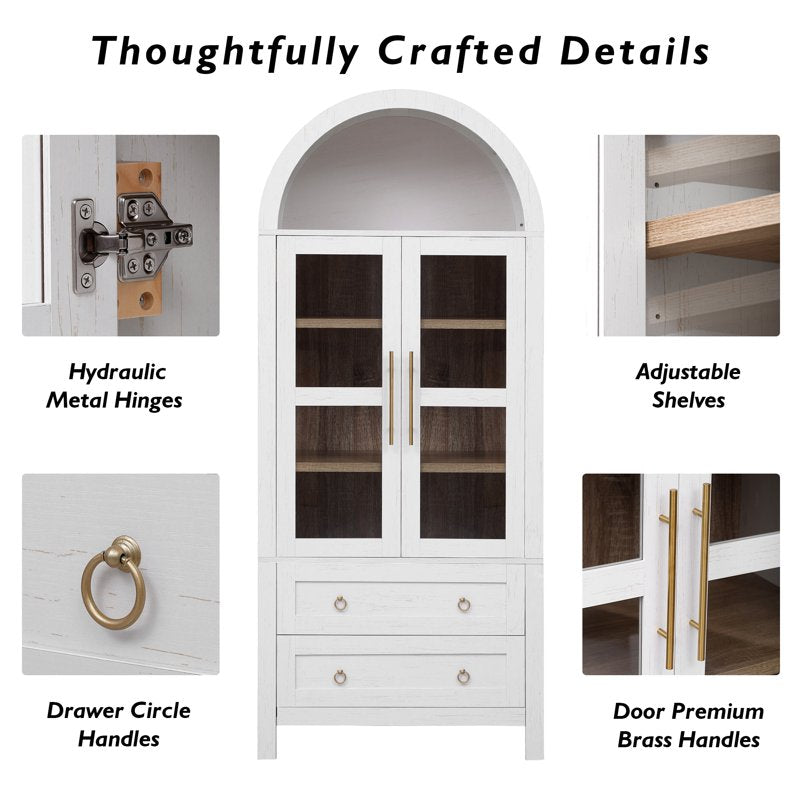 Arched Storage Cabinet with Glass Doors - White, Adjustable Shelves & Drawers