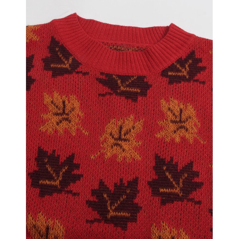 Women’s Y2K Maple Leaves Print Sweater - Red S Crewneck Fall Winter Knit Pullover