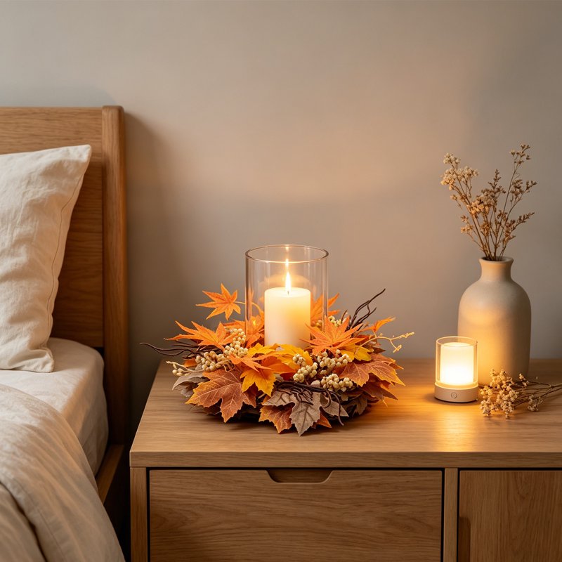 Fall Candle Ring Autumn Wreath with Flowers - Thanksgiving Decor, Variation #51