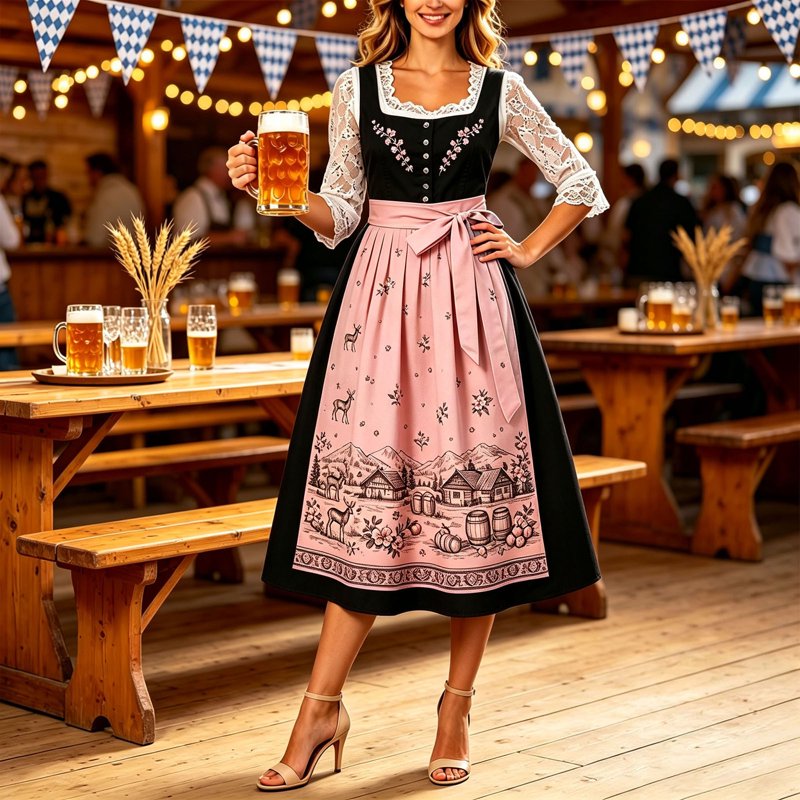 Women's Oktoberfest Dirndl Dress with Lace & Beer Mug Print - Multicolor S