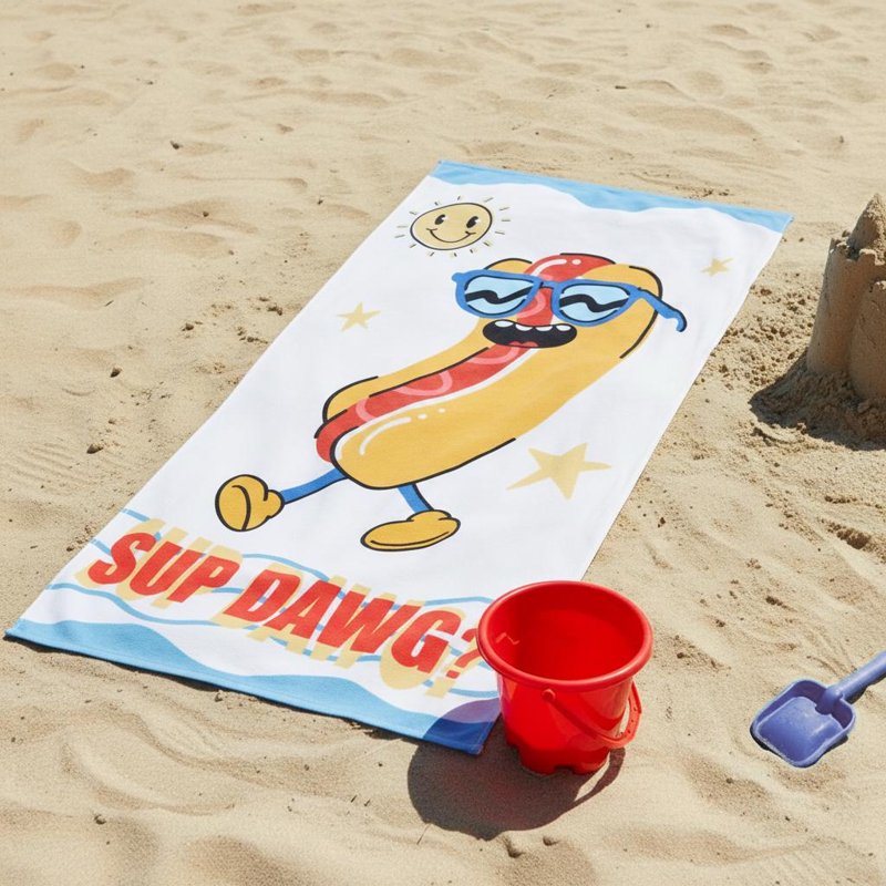 Kids Beach Towel 30 x 60 Inches - Fun Sup Dog Design, Cotton Blend