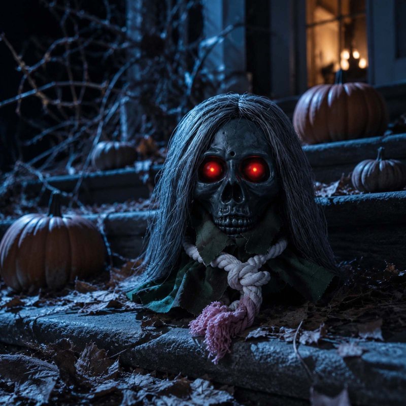 Halloween Moving Skull Head Prop with Long Hair, Creepy Hanging Skeleton Decor - Blue Variation