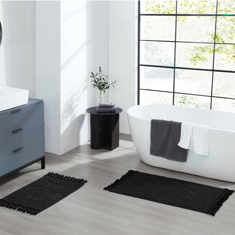 Jean Pierre Cotton Fringe Bath Rug Set - Black, 17 x 24 & 21 x 34 Inches