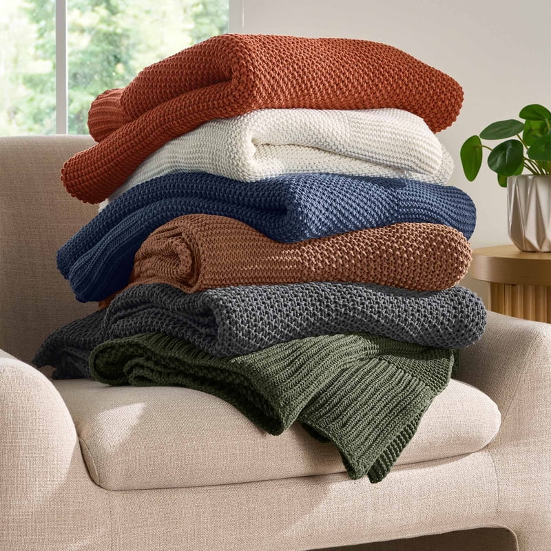 Indigo Chunky Knit Throw Blanket - 50x60 inches, Reversible, Machine Washable