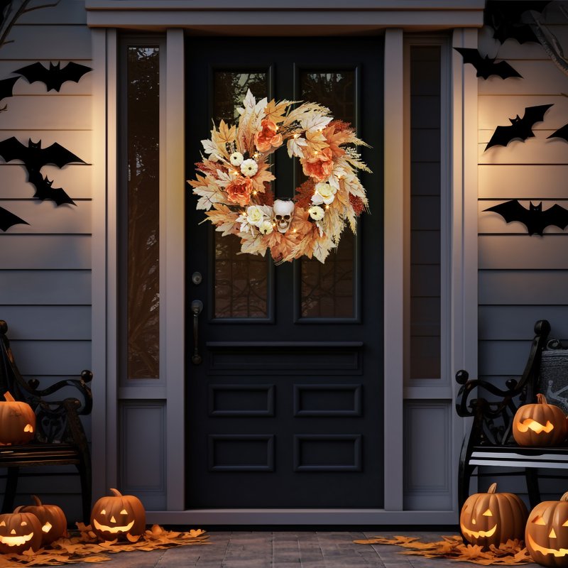 Prelit Halloween & Fall Wreath 22 Inch with Pumpkin, Bone & Maple Leaves