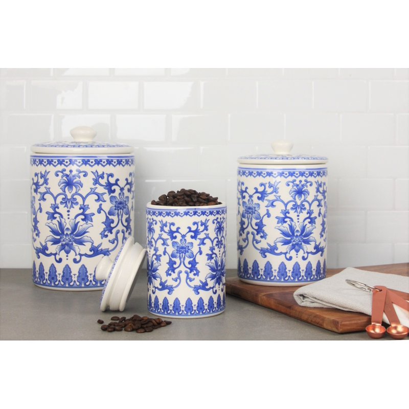Chinoiserie 3-Piece Ceramic Canister Set - White & Blue