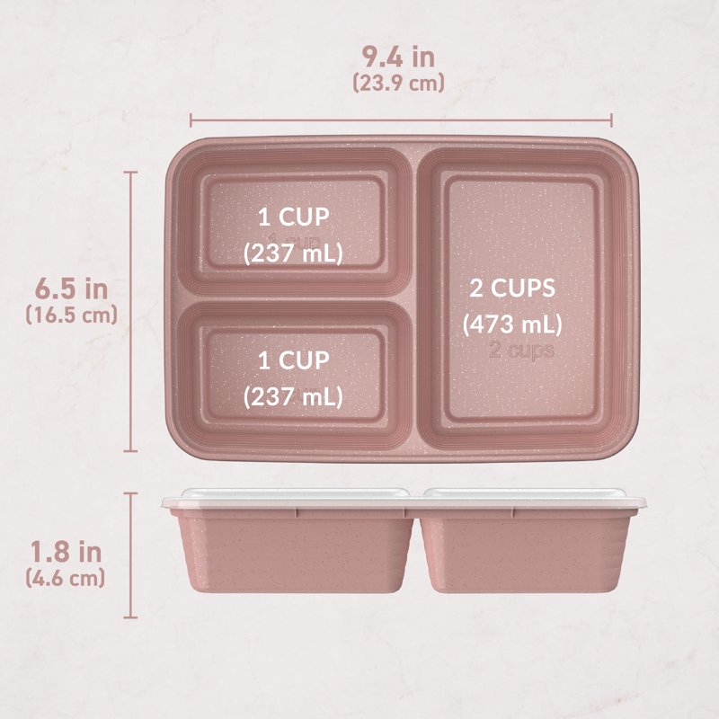 Reusable Meal Prep Containers - 20-Piece 3-Compartment Set - Rosette Glitter
