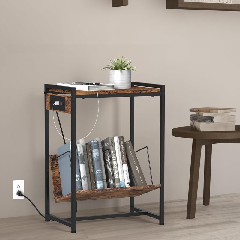 2-Tier End Table with Charging Station & Vinyl Album Storage