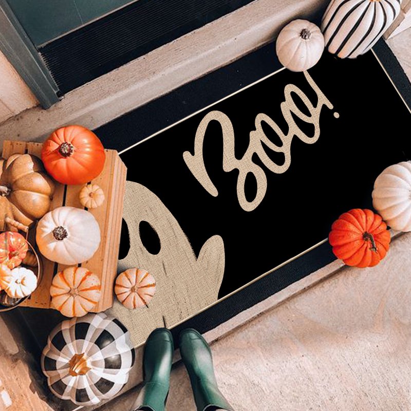 Halloween Doormat 17x47 Inch Black Ghost and Cat Welcome Mat – Polka Dot Design