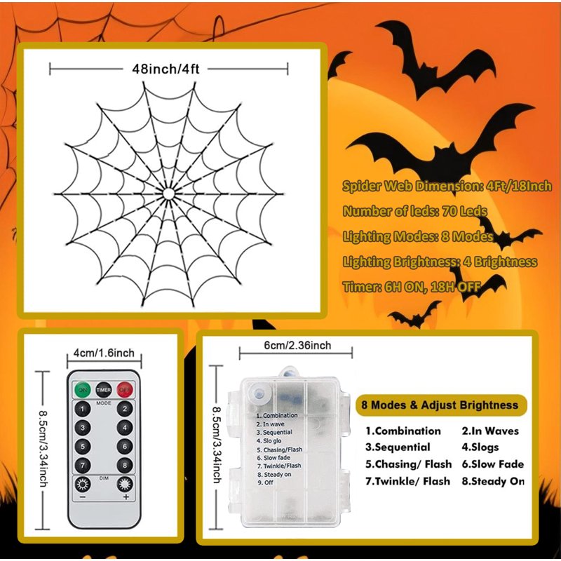 Halloween Spider Web String Lights - 70 LEDs, 4ft Web, 8 Modes, Battery Operated, Orange