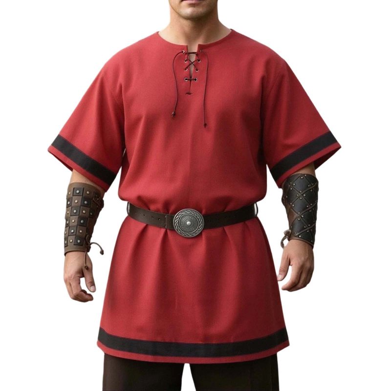 Men's Medieval Knight Viking Surcoat Costume L - Red, Short Sleeve Halloween Cosplay