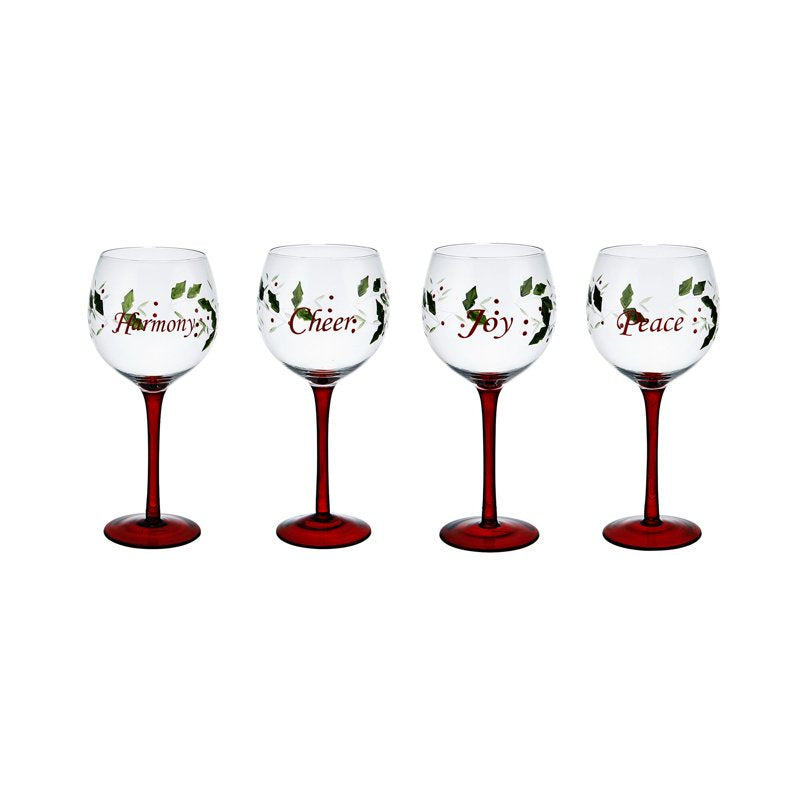 Winterberry Wine Glass Set of 4 with Sentiments - Harmony, Peace, Joy, Cheer