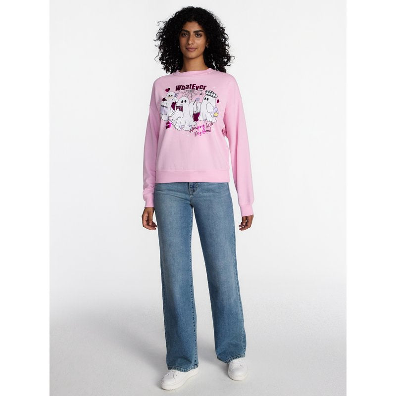 Pink Ghost Women's Halloween Graphic Crew Sweatshirt, Size M