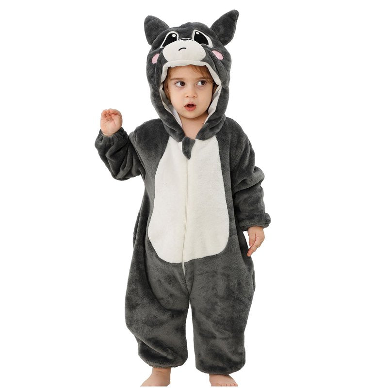 Kids Animal Cosplay Romper Hooded Flannel Jumpsuit for 3-6 Months - Dark Gray