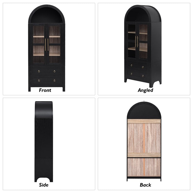Arched Storage Cabinet with Glass Doors - Black, Adjustable Shelves & Drawers