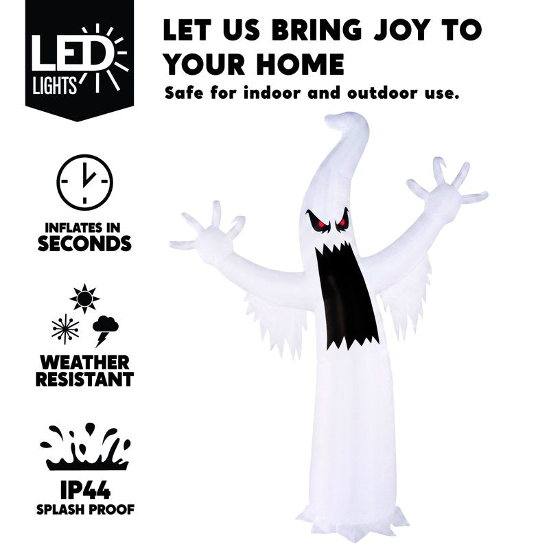 Spooky Ghost Halloween Inflatable - 12 Ft Tall Yard Decor with LED Lights
