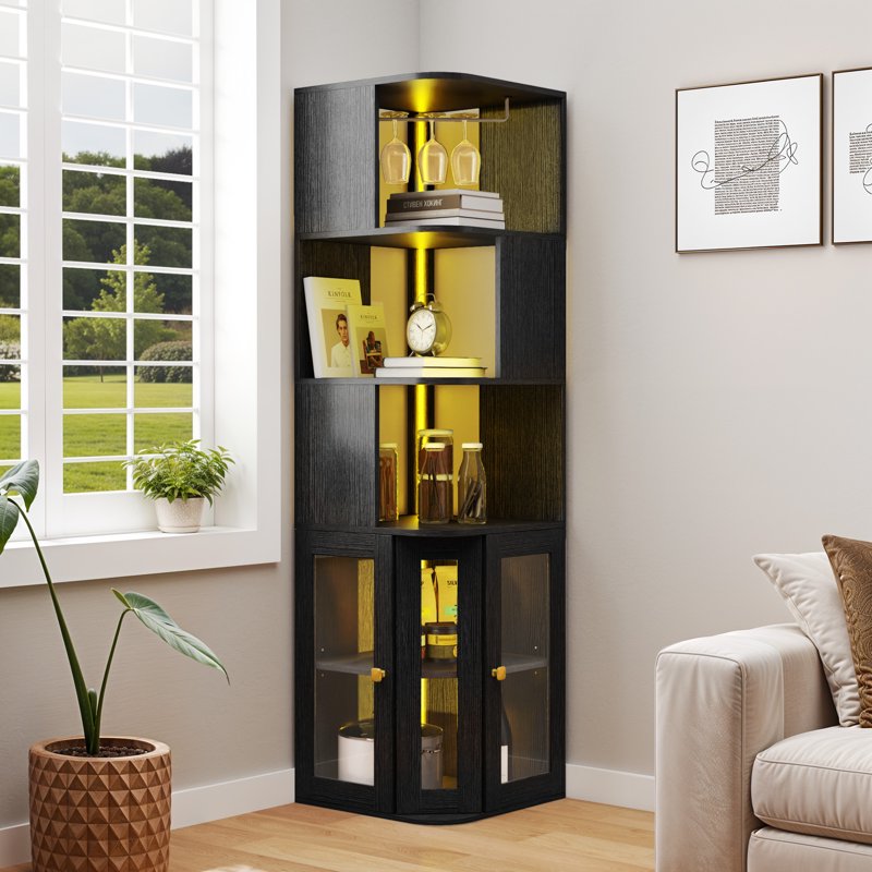 5 Tier Corner Bar Cabinet with LED Lights & Glass Holder - Black