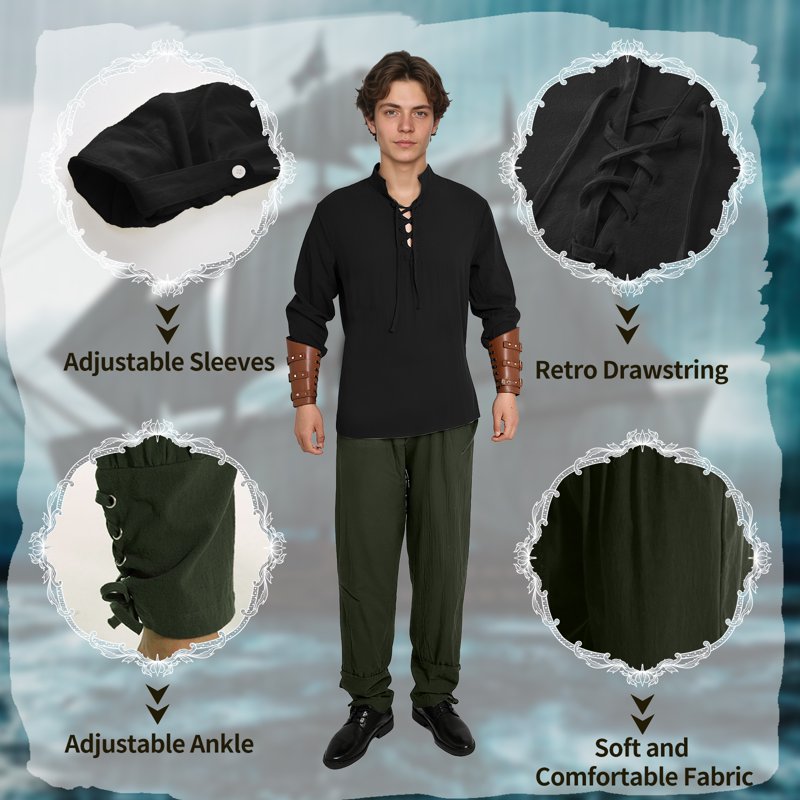 Men's Medieval Pirate Costume Set - Renaissance Shirt & Ankle Banded Pants, Halloween Cosplay, XL
