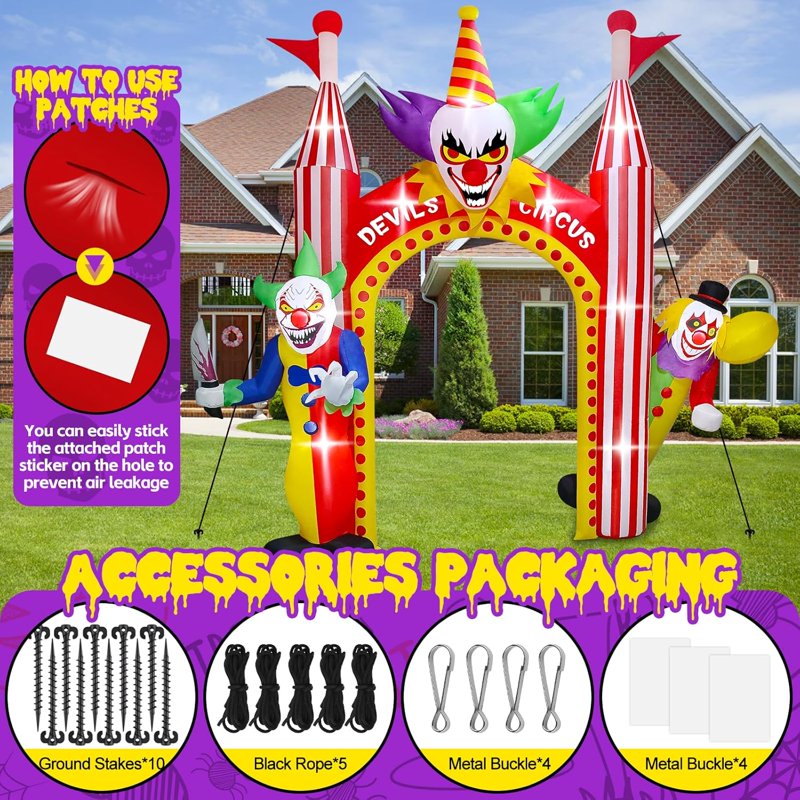 12FT Giant Inflatable Clown Archway Halloween Yard Decoration with Lights
