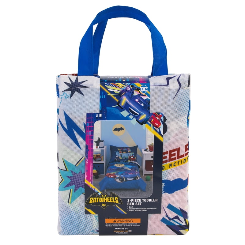 Warner Brothers Batwheels Toddler Bed Set with Bonus Tote Bag - Blue & Red