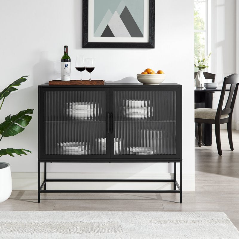 Metal and Fluted Glass Bar Cabinet - Black Finish